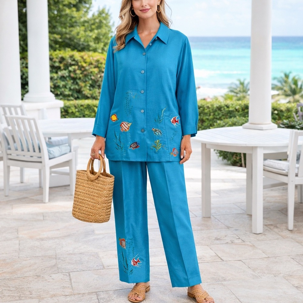 Womens Silk Embroidered Pant Suit Size 6 Turquoise Blue Fish Tropical 2pc Set‎